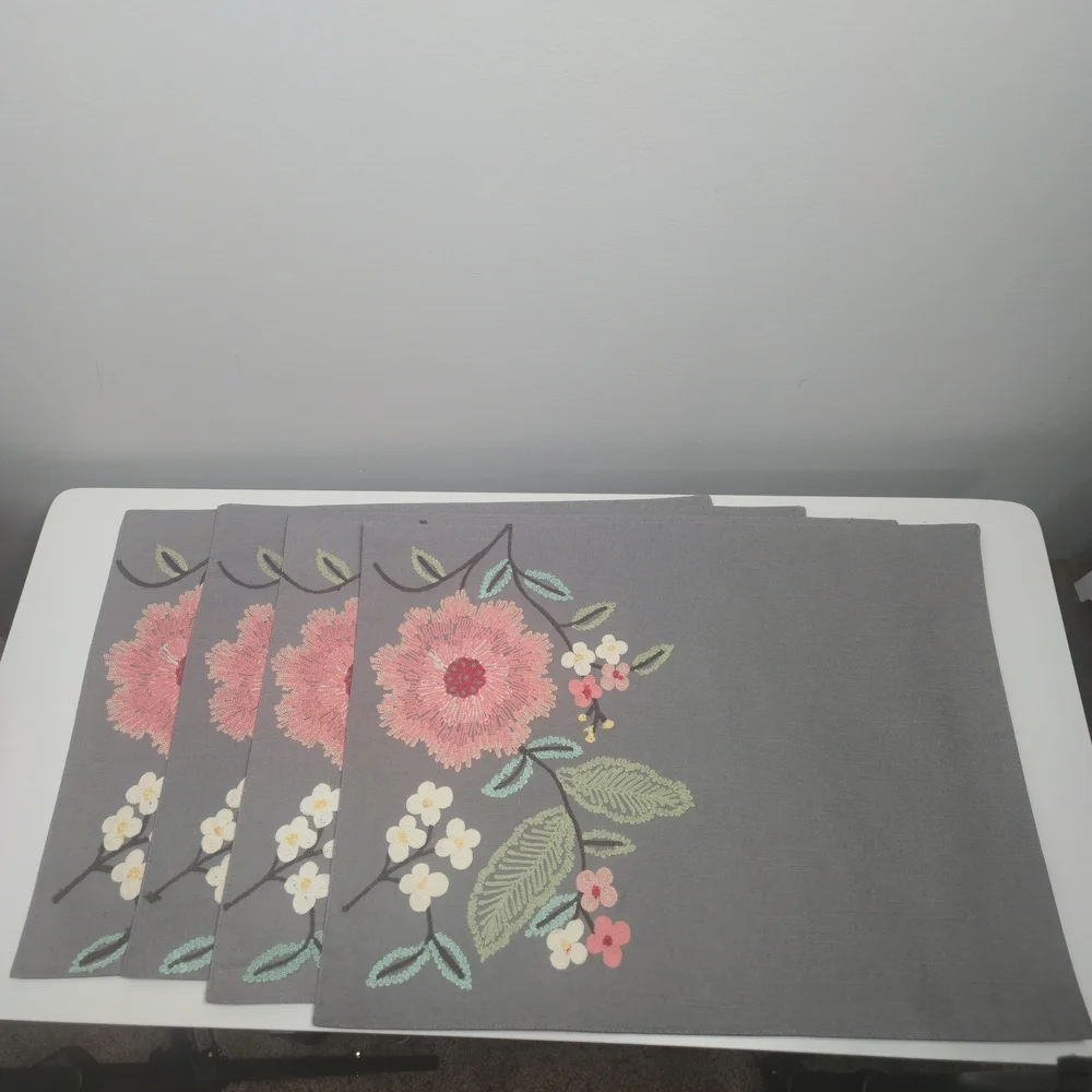 Floral Embroidered Gray Placemats Set Of 4